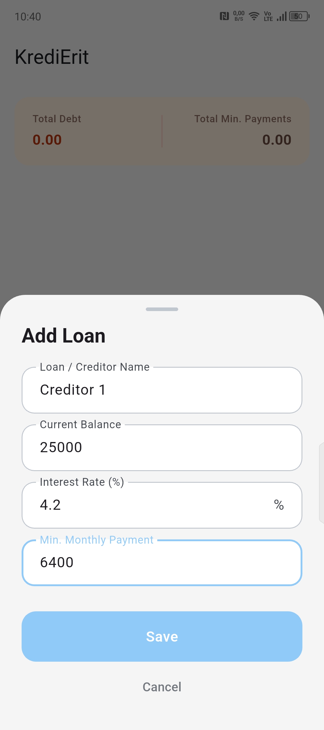 DebtClear add debt screen with fields for creditor name, balance, interest rate, and payment