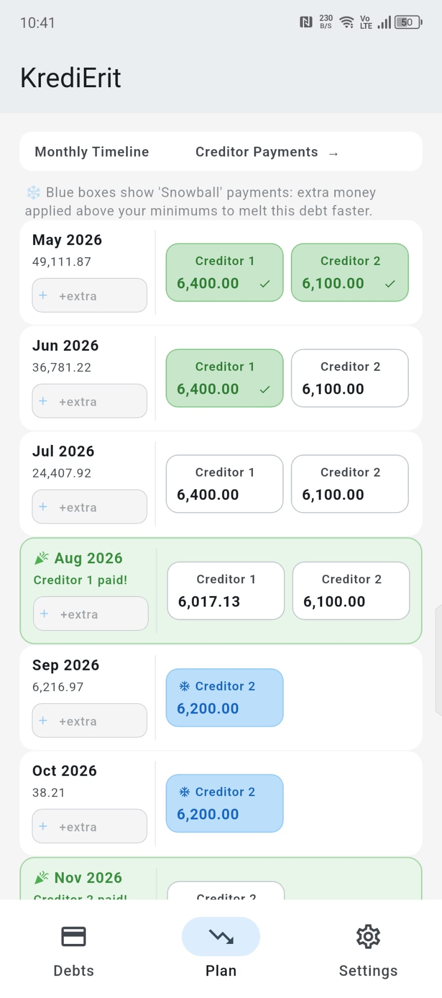 DebtClear payment schedule screen showing monthly payments and declining balances